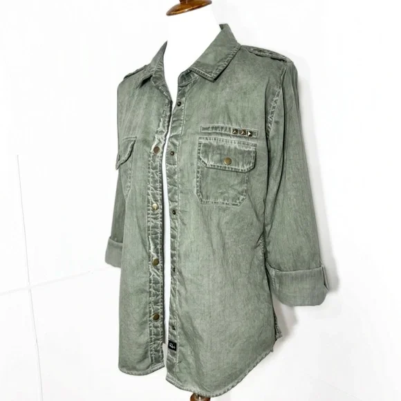 Rails Studded Distressed Green Snap Button Long Sleeve Utility Shacket Shirt - Picture 3 of 10